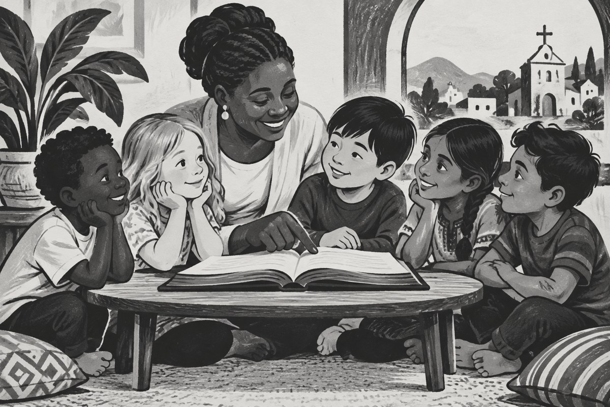 Illustration of children learning from an open book with a caring adult.